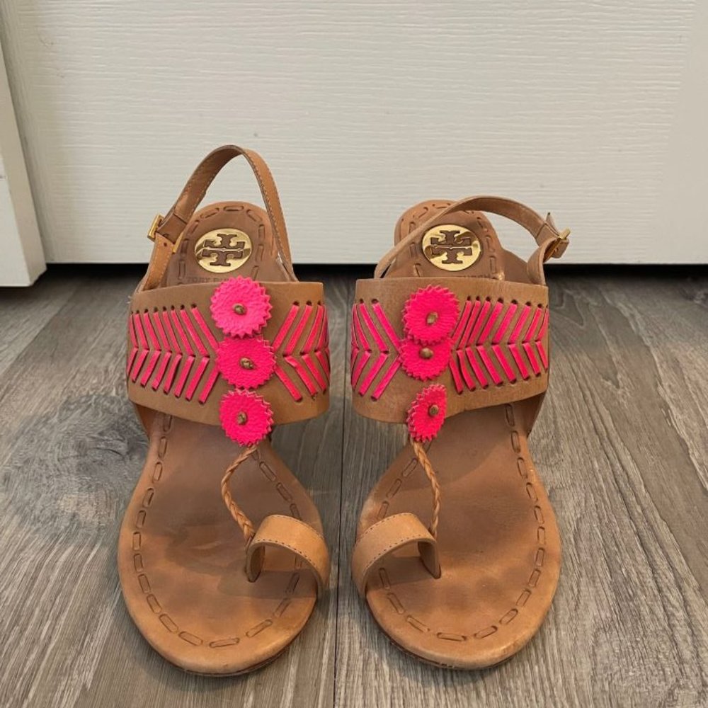 Tory Burch flower floral brown leather heeled sandals sz 8